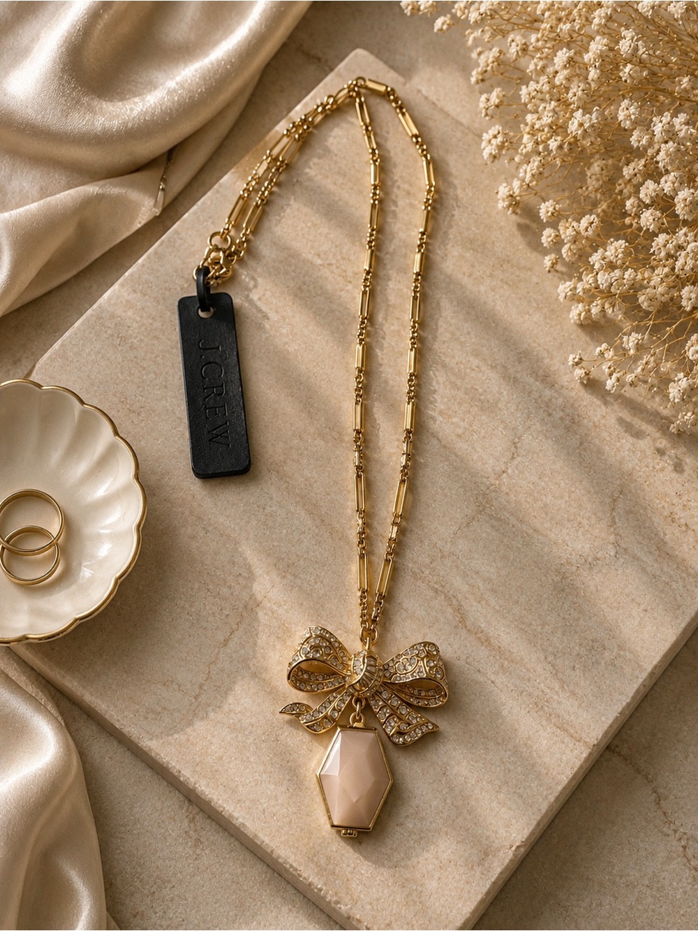 NWT J. Crew Gold Bow Necklace with Blush Pink Hexagon Pendant